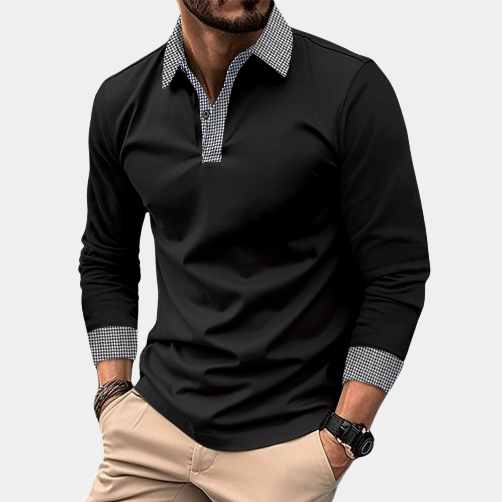 Clément | Elegante Polo Manica Lunga Uomo in Cotone Nero 1