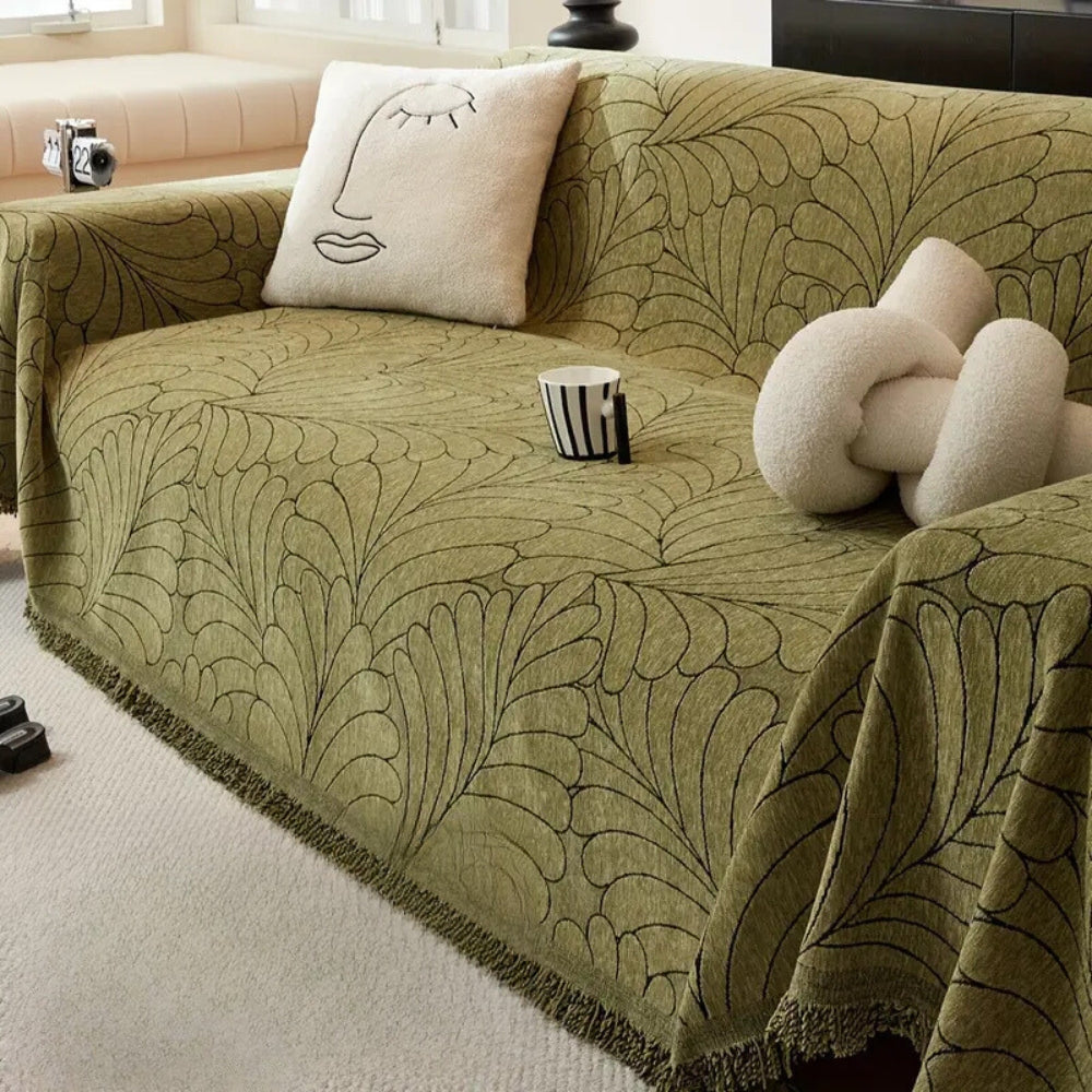 Copridivano Reversibile | Copridivano 3 Posti in Misto Cotone con Motivo a Foglie Jacquard - Elegante Protezione per Divani 0