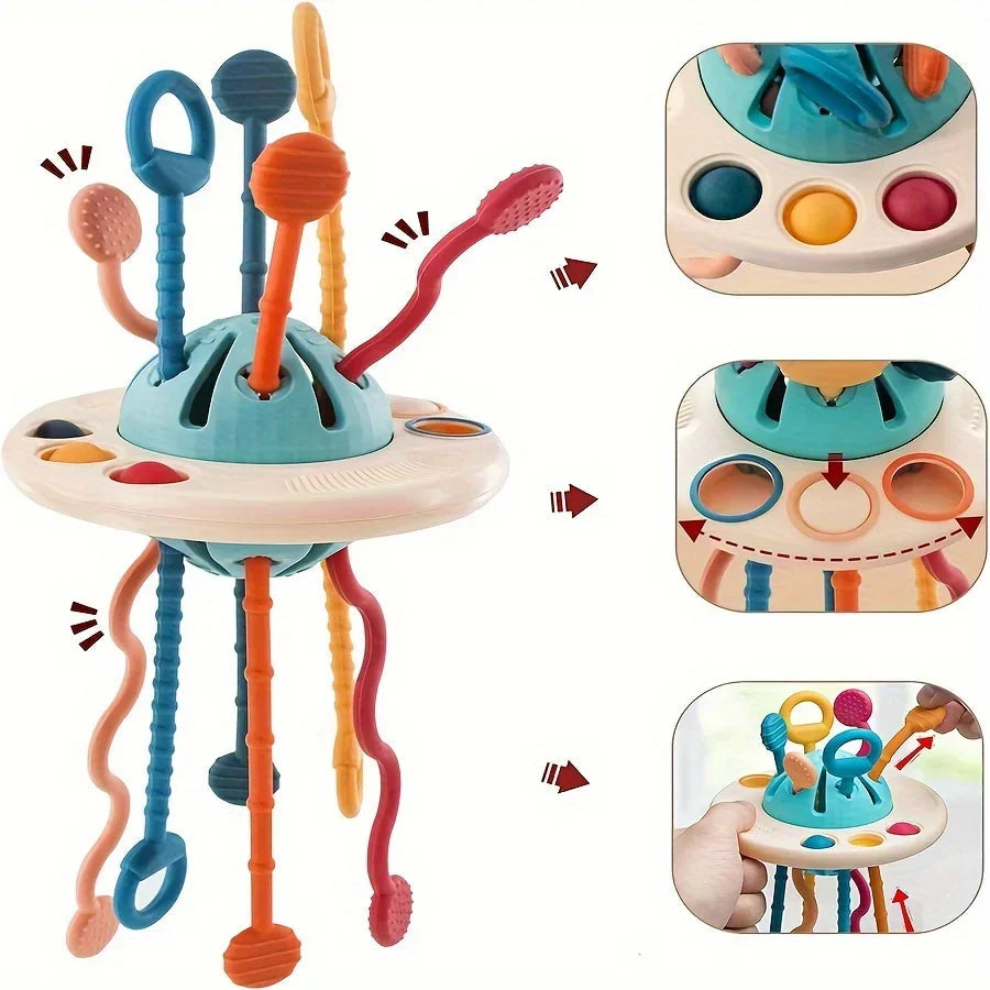 Giocattolo Montessori UFO | Silicone Push & Pull con Texture Colorate | Sviluppo Motorio e Sensoriale per Bambini 6-18 Mesi 2