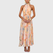 Sofia | Elegante Abito Maxi Estivo con Scollo Halter e Stampa ad Acquerello 0