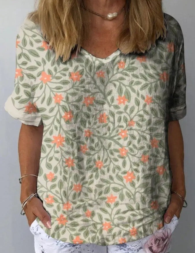 Sofia | Elegante Camicia Lino Bianca Donna con Stampa Floreale 0