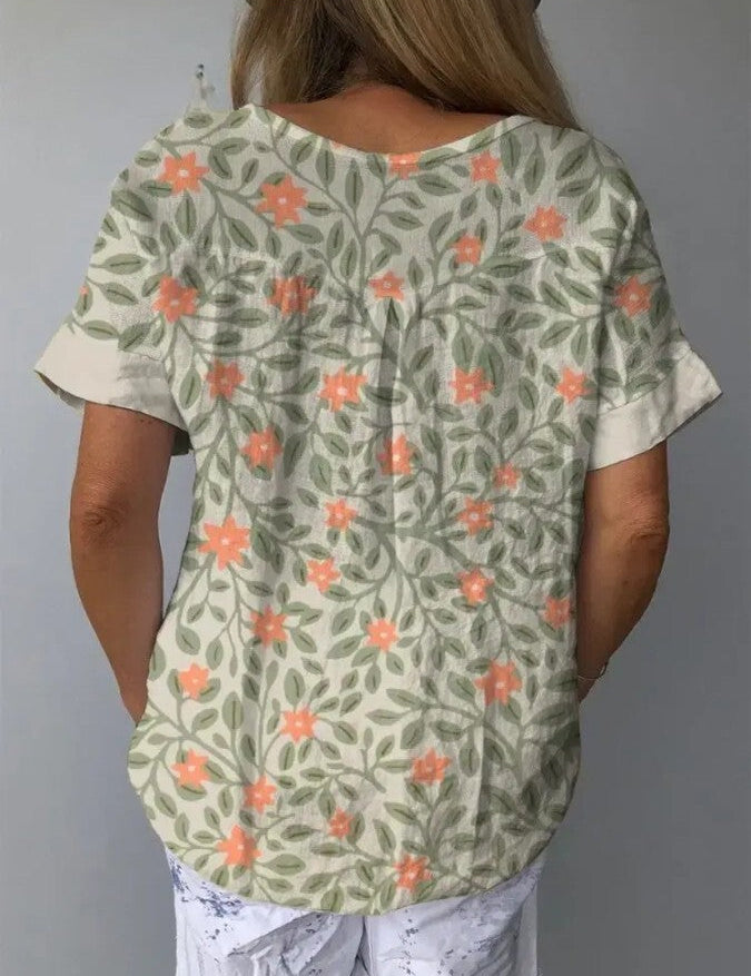 Sofia | Elegante Camicia Lino Bianca Donna con Stampa Floreale 1