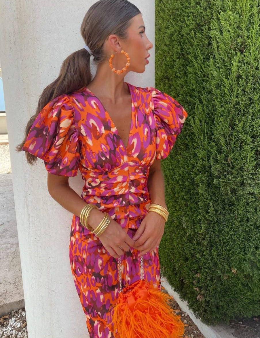 Sophia | Elegante Abito Midi Cerimonia con Maniche a Sbaffo e Stampa Artistica 0