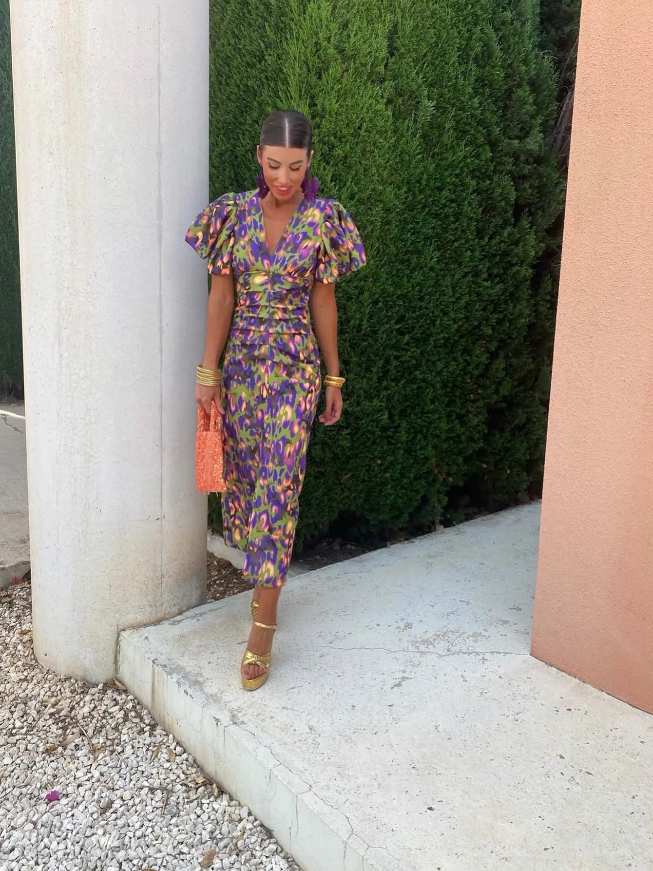 Sophia | Elegante Abito Midi Cerimonia con Maniche a Sbaffo e Stampa Artistica 4