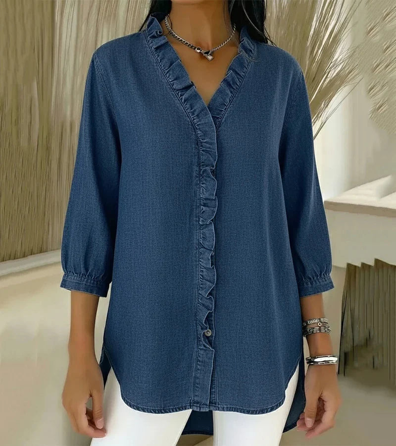Sophia | Elegante Blusa Donna in Denim Morbido con Scollo a V 0