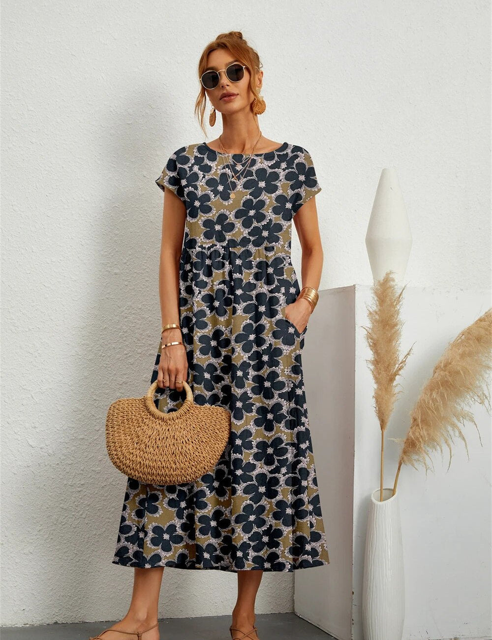 Sophie | Elegante Abito Midi Floreale in Cotone e Lino per Donna 0