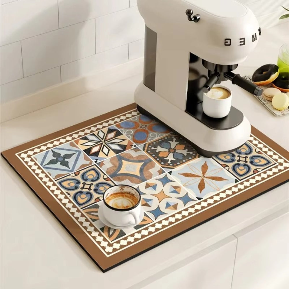 Tappetino da Caffè Retrò | Design a Piastrelle Assorbente e Antiscivolo | Stile Vintage per Cucina Elegante 0