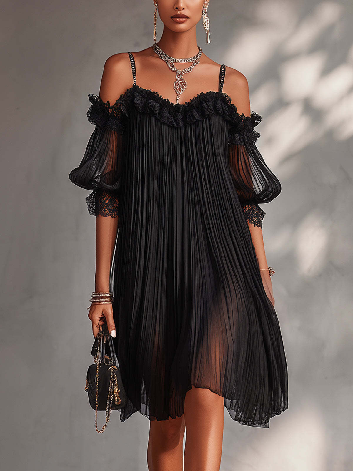 Serena abito lungo in chiffon nero con scollo a V e stampa retrò