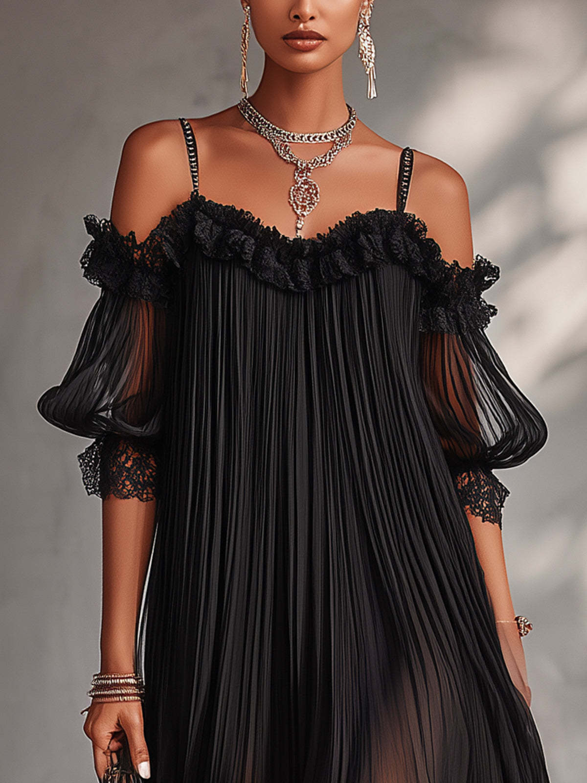 Abito maxi fluido nero da sera con stampa retrò taglia XS-XXL