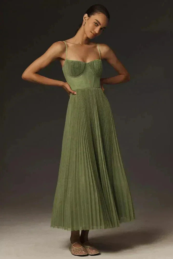 Abito midi plissé donna verde oliva con spalline regolabili