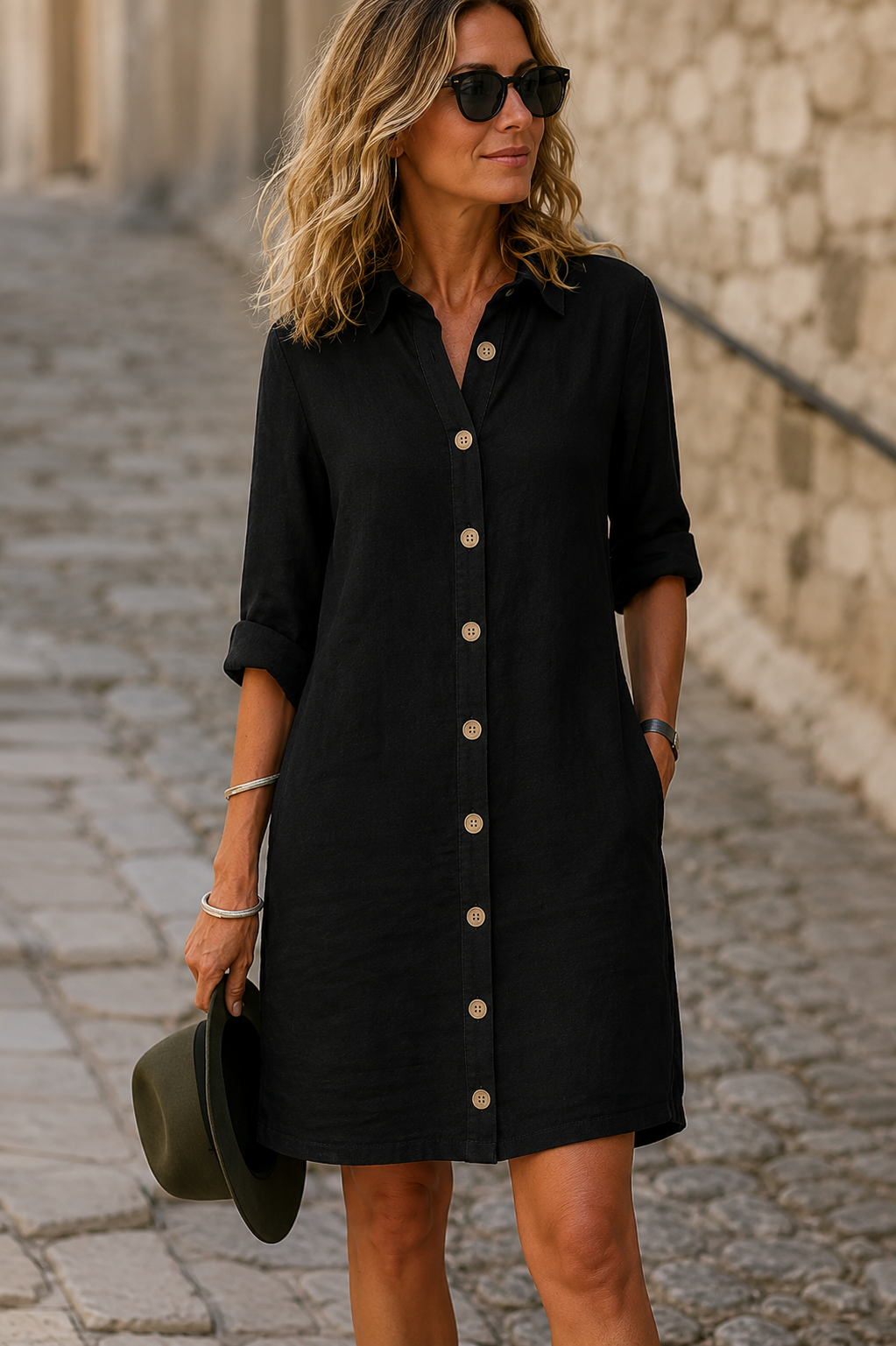 Adela vestito midi donna con abbottonatura frontale su sfondo neutro