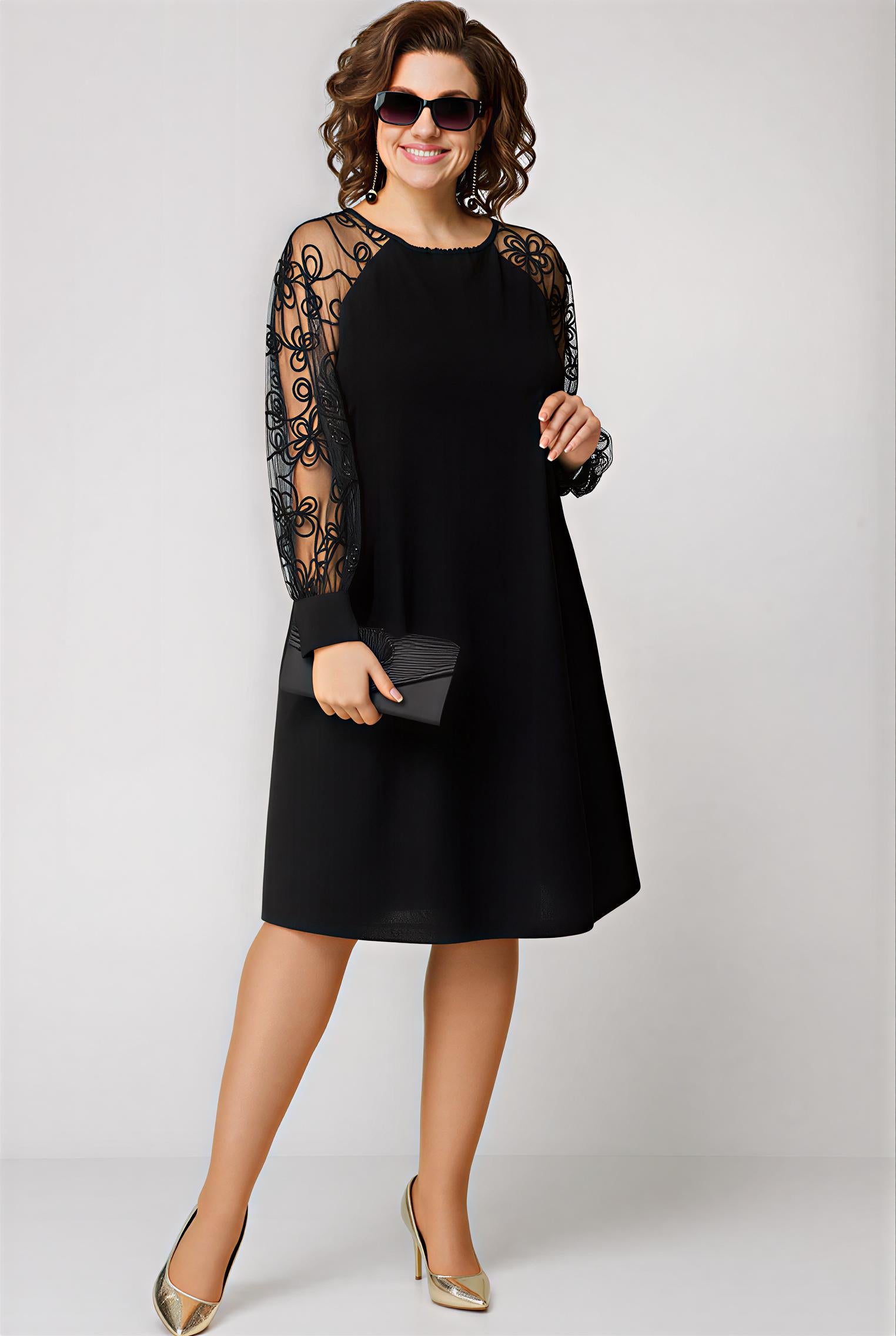 Beatrice | Elegante Nero Abito con Maniche in Pizzo
