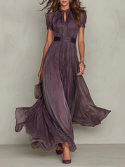 Maxi dress donna viola prugna con scollo alto e maniche a sbuffo - vista frontale