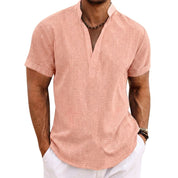 Camicia Henley da uomo in misto lino rosa, maniche corte, vestibilità rilassata