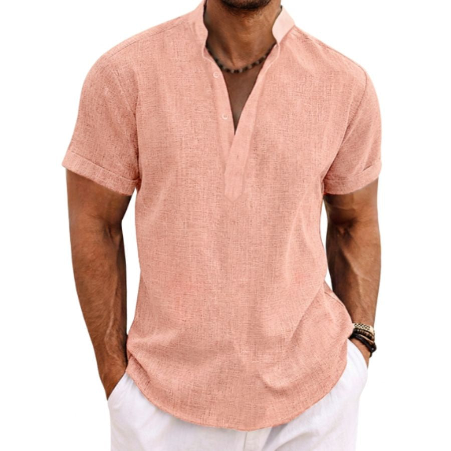 Camicia Henley da uomo in misto lino rosa, maniche corte, vestibilità rilassata
