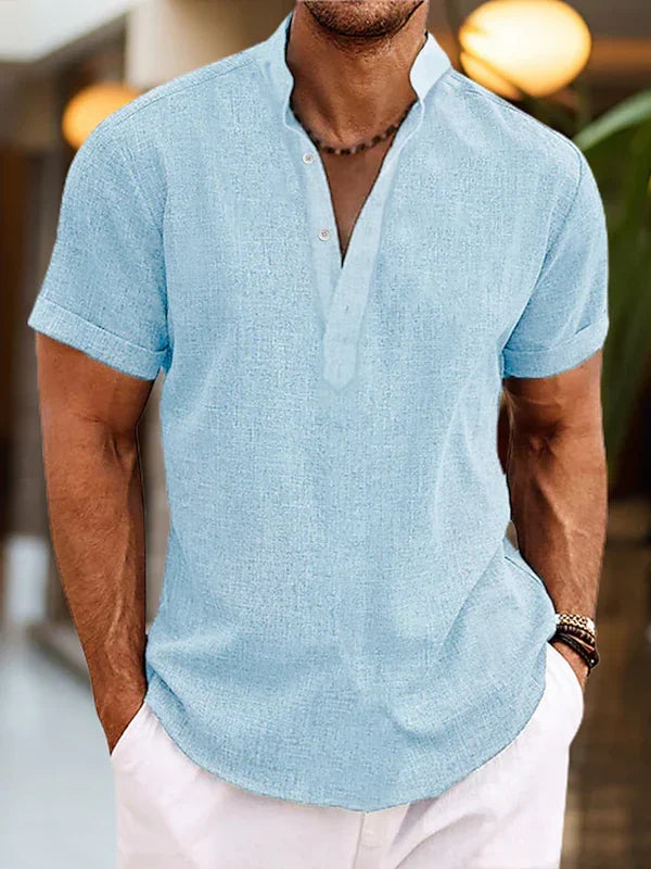 Camicia Henley bianca da uomo in misto lino, ideale per l'estate
