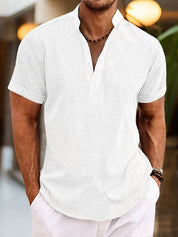 Camicia Henley nera uomo manica corta in tessuto lino traspirante