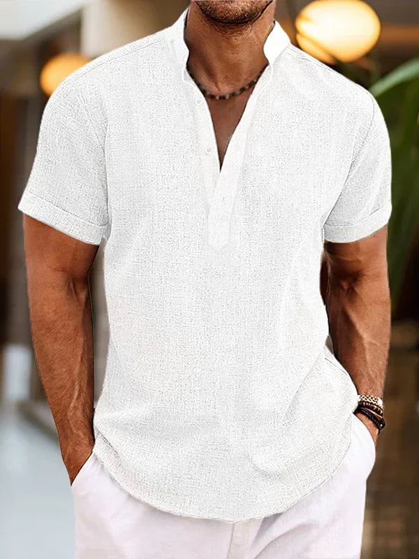 Camicia Henley nera uomo manica corta in tessuto lino traspirante