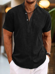 Camicia Henley uomo blu in misto lino, outfit casual estivo