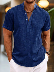 Camicia Henley kaki da uomo in lino, look vacanza rilassato