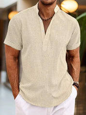 Camicia Henley grigia uomo manica corta, tessuto leggero e arieggiato