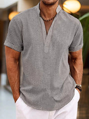 Camicia Henley verde uomo in misto lino, stile casual quotidiano
