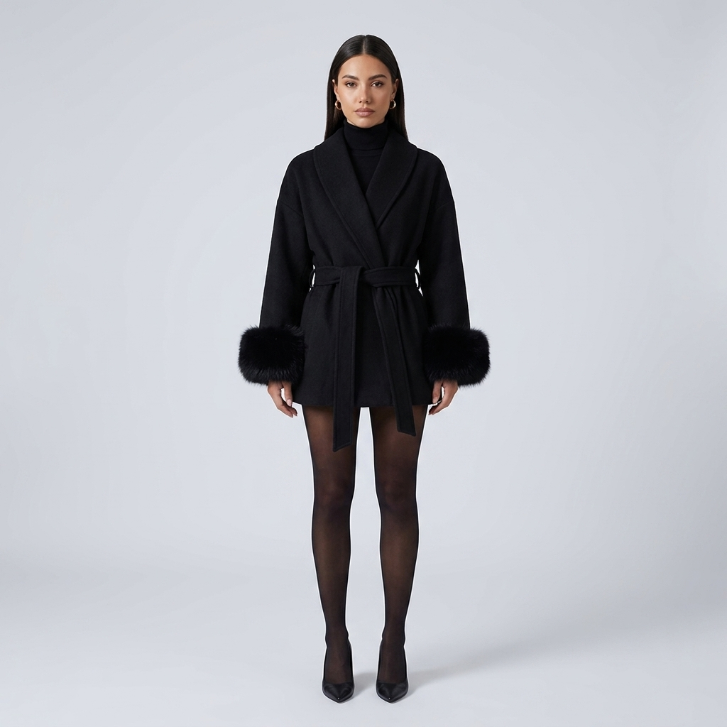 Cappotto corto donna grigio con bordo in pelliccia di volpe, vista posteriore