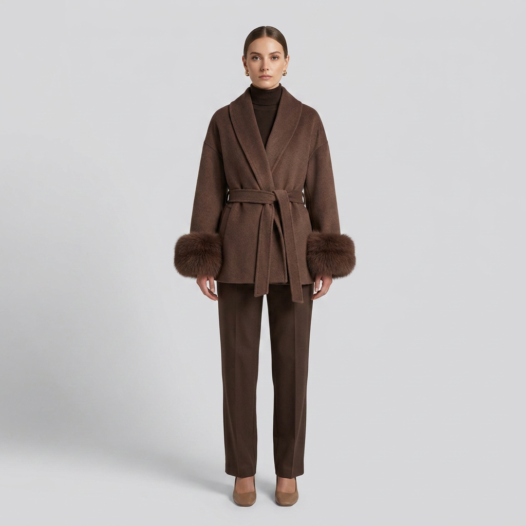 Tessuto lana double-face premium del cappotto donna Elara colore sabbia