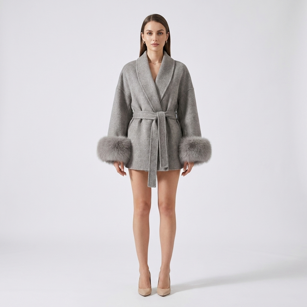 Vista frontale cappotto elegante da donna in lana marrone con bordo in volpe