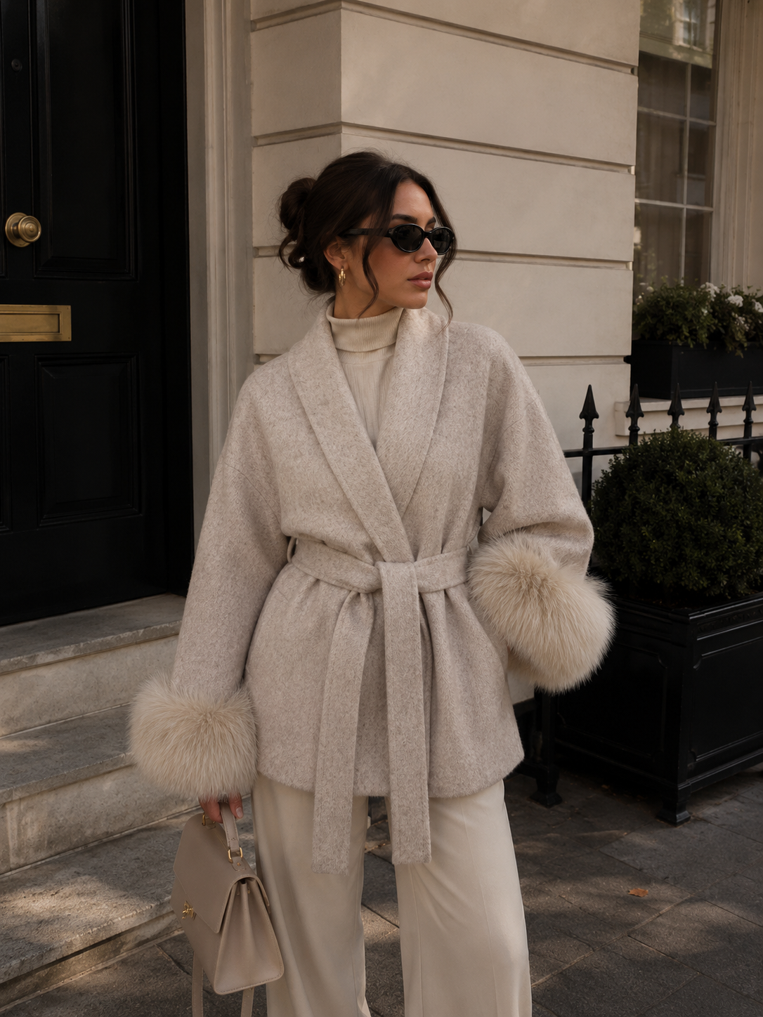 Dettaglio polsino in pelliccia di volpe del cappotto elegante da donna