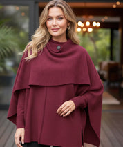 Cappotto donna in lana avvolgente oversize color borgogna con collo a scialle