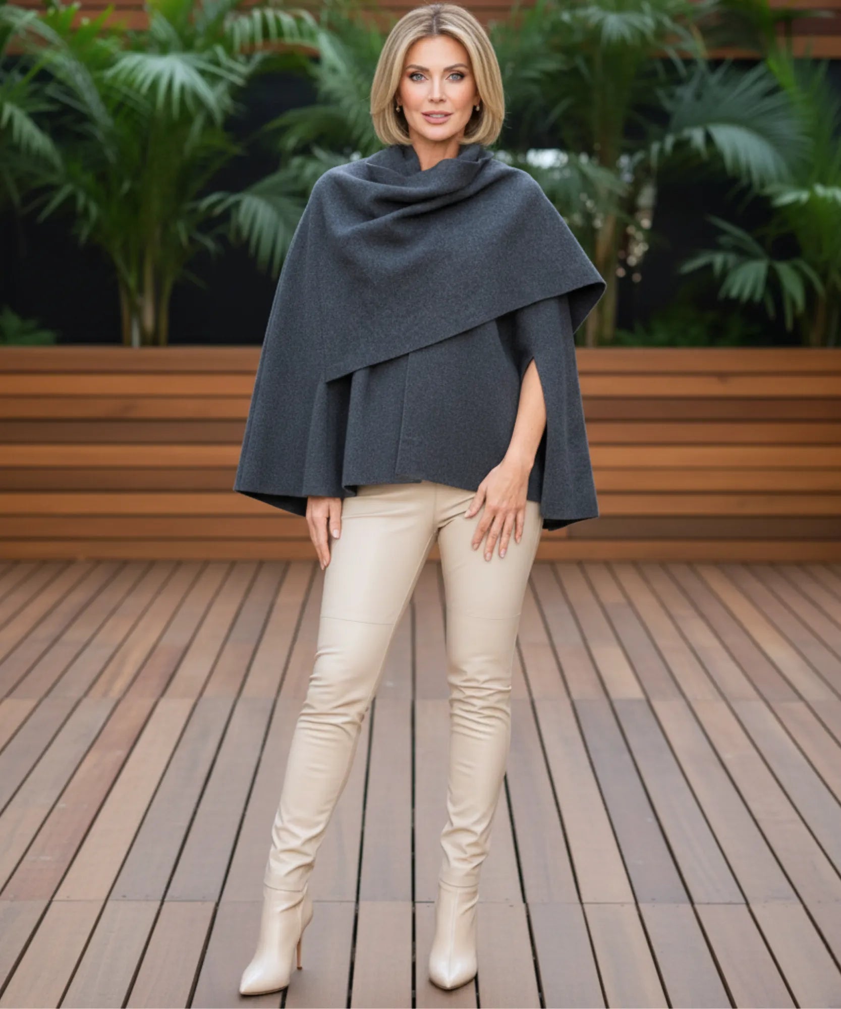 Donna che indossa cappotto in lana avvolgente oversize per occasioni sociali