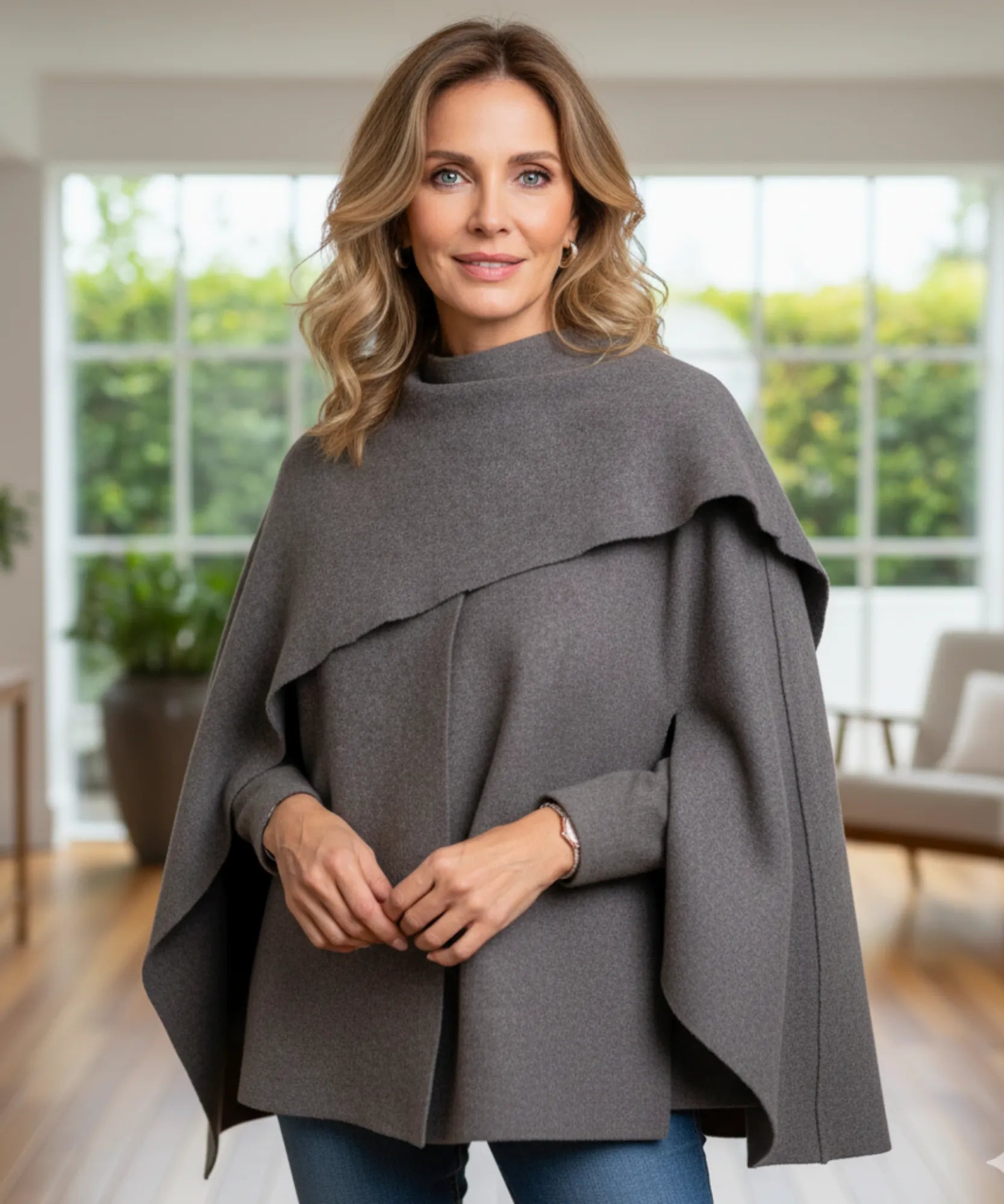 Donna con cappotto in lana talpa, collo a scialle versatile e morbido