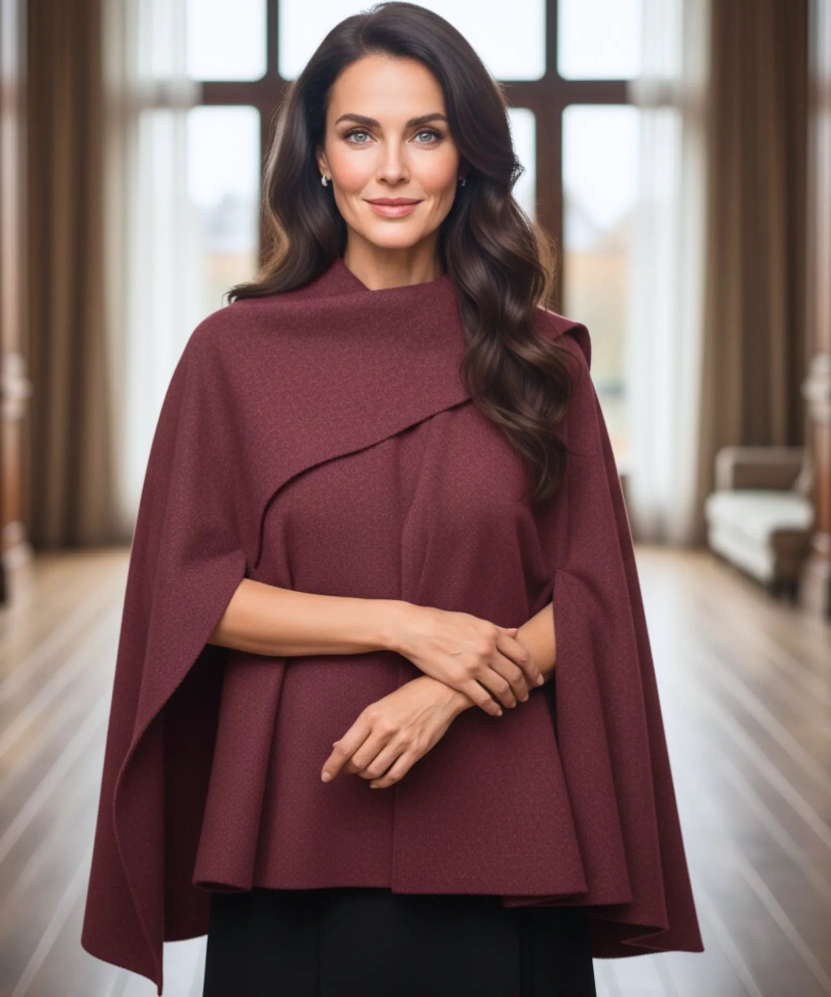 Cappotto oversize in lana talpa con maniche ampie e drappeggio moderno