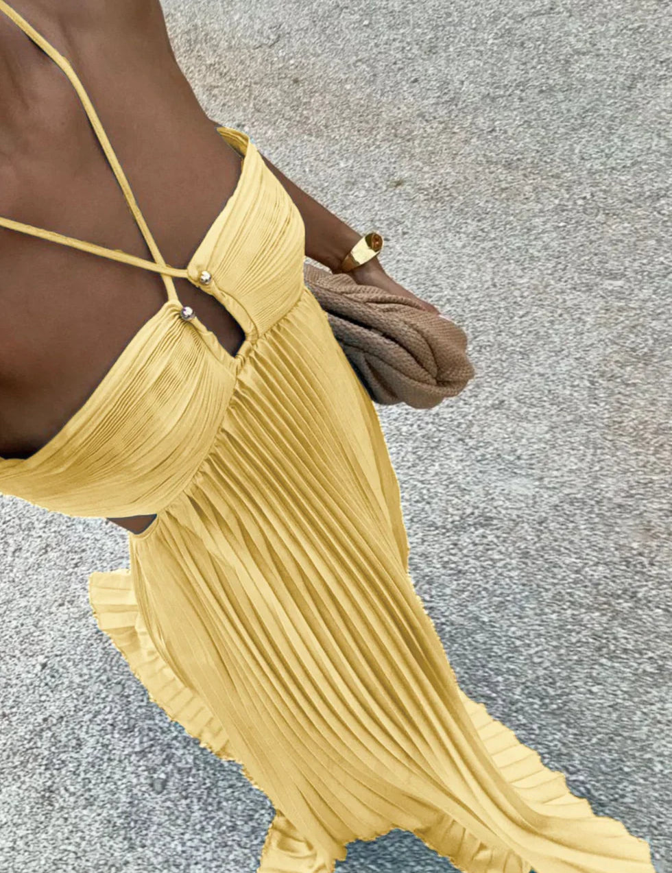 Maxi dress donna scollo halter con cut-out laterali e gonna plissé svasata