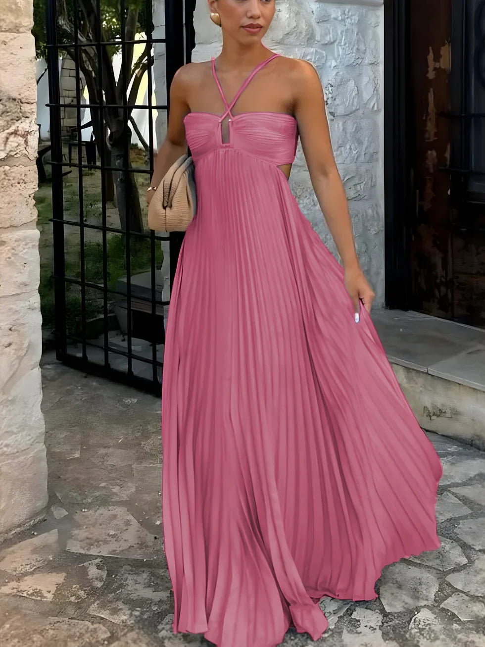 Maxi dress halter neck donna in tessuto leggero e fluido