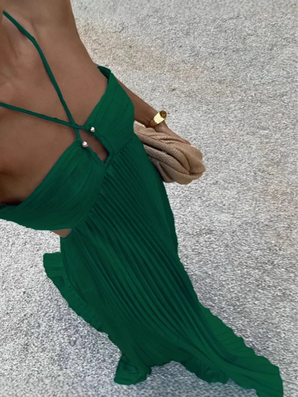 Vista posteriore maxi dress Celeste con scollo halter aperto