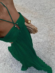 Vista posteriore maxi dress Celeste con scollo halter aperto