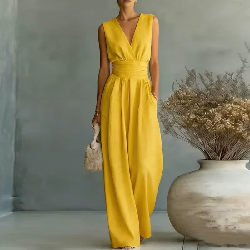 Jumpsuit donna senza maniche bianca con gamba larga, dettaglio vita