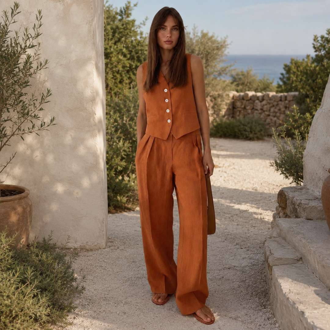 Completo donna due pezzi gilet abbottonato e pantalone ampio a vita alta