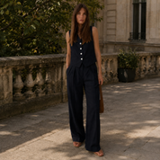 Completo donna nero gilet abbottonato e pantalone largo look chic