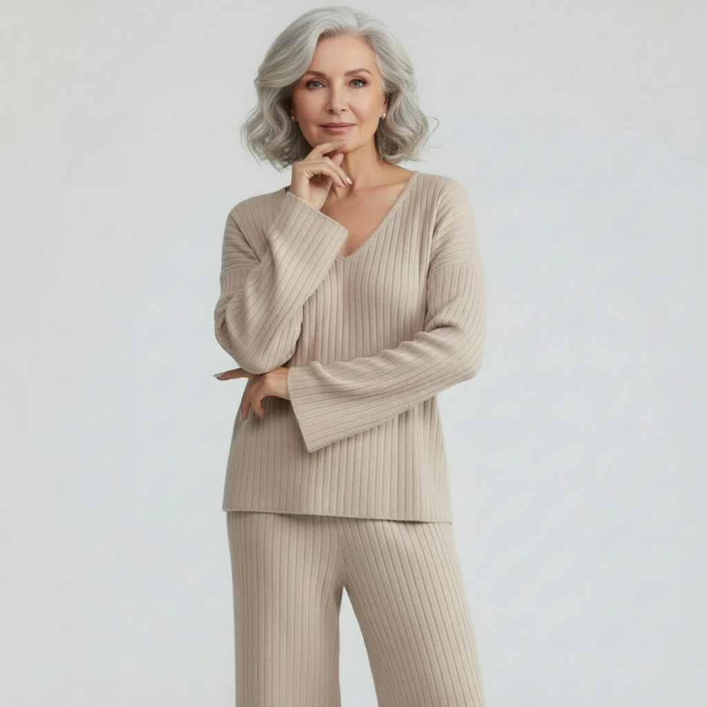 Completo lounge donna in maglia morbida color beige con scollo a V e pantaloni a gamba larga