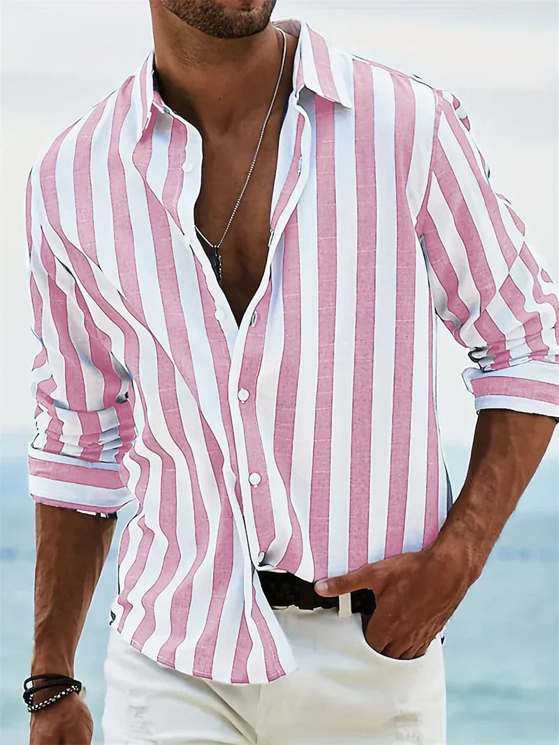 Cosimo camicia estiva da uomo in misto lino e cotone con righe azzurre