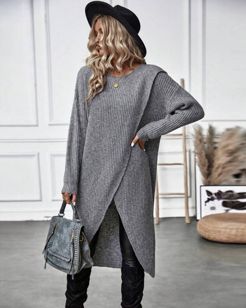 Maglione vestito donna marrone stile casual con dettagli patchwork