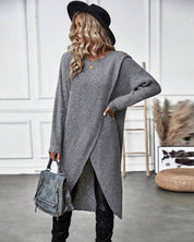 Maglione vestito donna marrone stile casual con dettagli patchwork