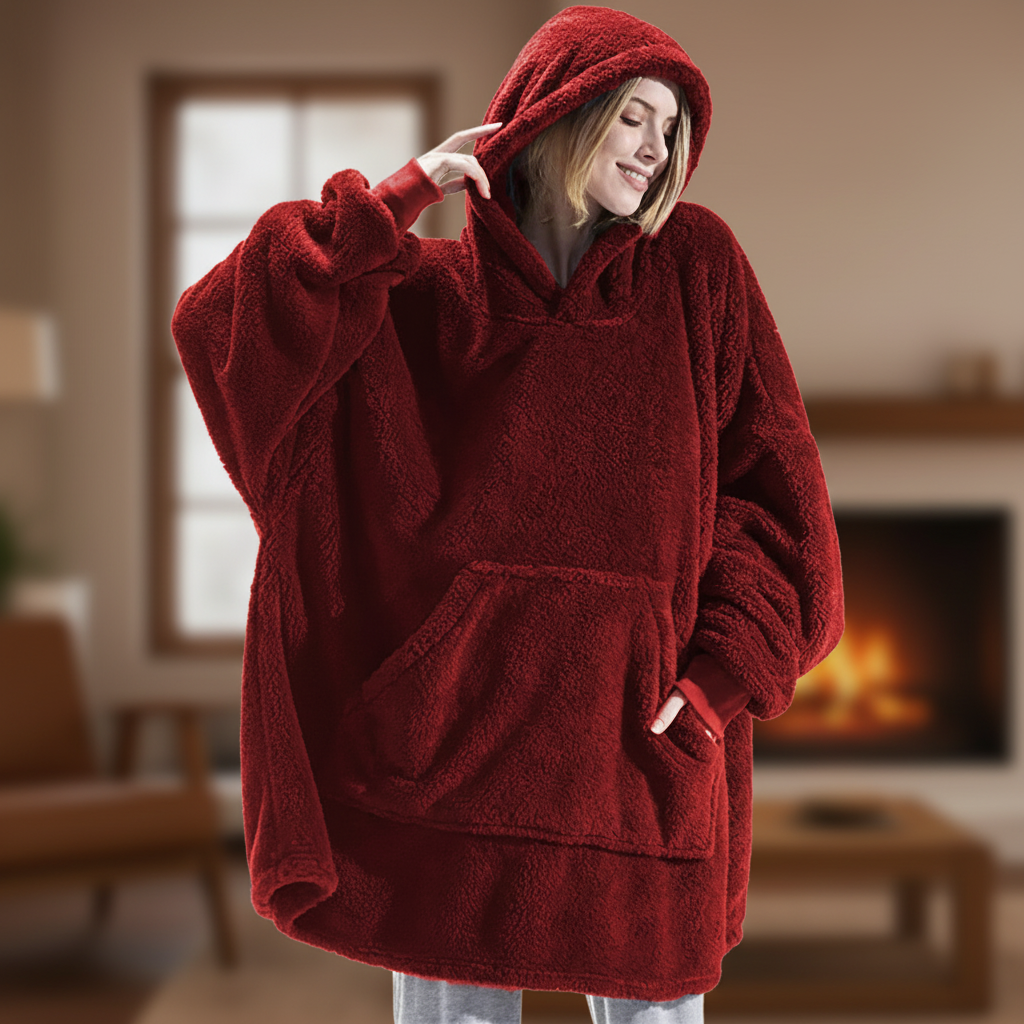 Felpa coperta oversize da donna in pile con cappuccio - vista frontale