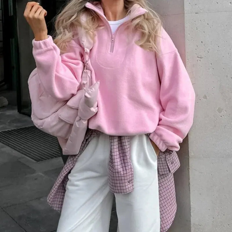 Felpa donna in pile con mezza zip e collo alto - vista frontale