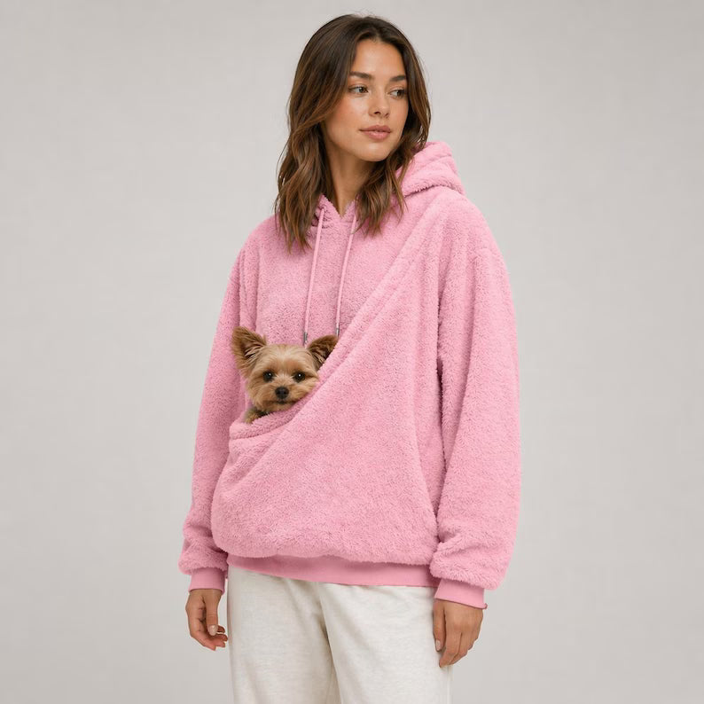 Felpa oversize in pile con tasca porta animali integrata, colore marrone chiaro