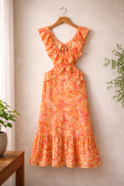 Vista laterale maxi dress donna senza maniche fantasia floreale