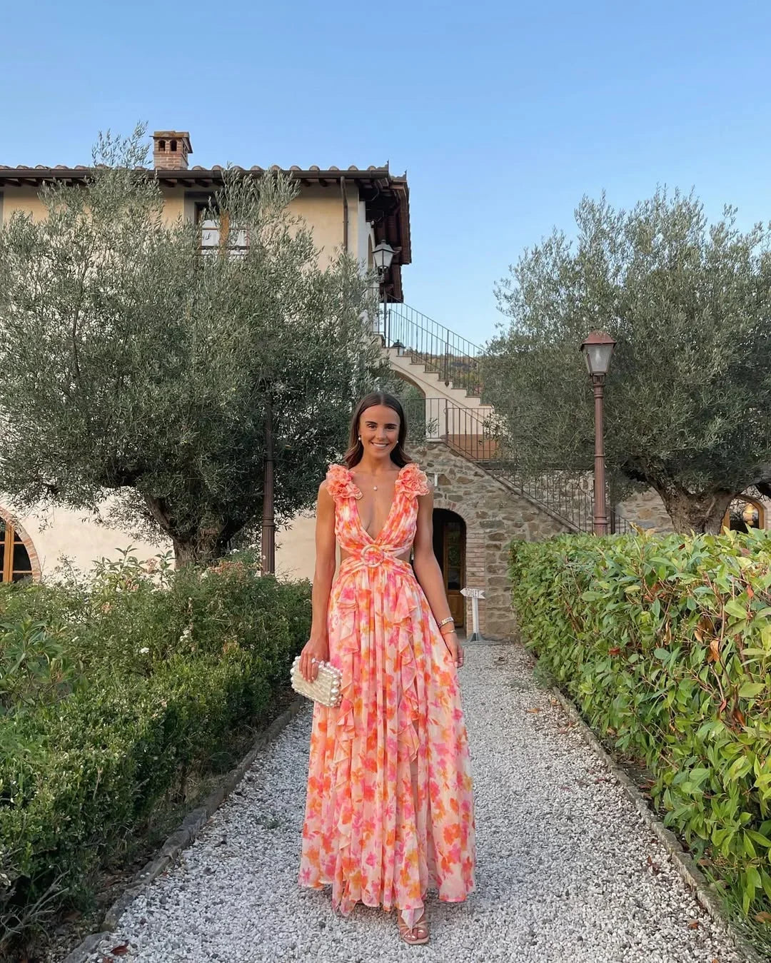 Flora maxi dress floreale senza maniche donna colore arancione